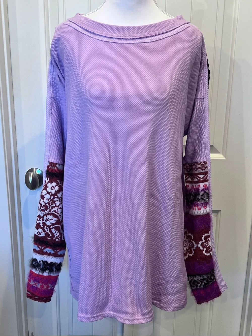 Free People Petal Lilac On My Way Thermal Top Patterned Sleeve Medium